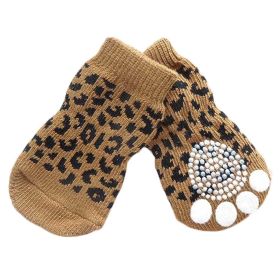 4 Pcs Cute Puppy Cat Socks Knitted Pet Socks Dog Paw Protection Poodle Teddy Socks, Brown Leopard Print