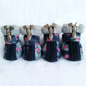 Pet Booties Set, 4 PCS Warm Winter Snow Stylish Shoes, Skid-Proof Anti Slip Sole Paw Protector with Zipper Star Design (Color: Pink)